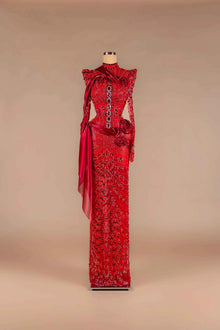 Sihëna Scarlet Rosalia — red high-neck long-sleeve column gown with crystal beadwork, satin sash and 3D rose appliqué.
