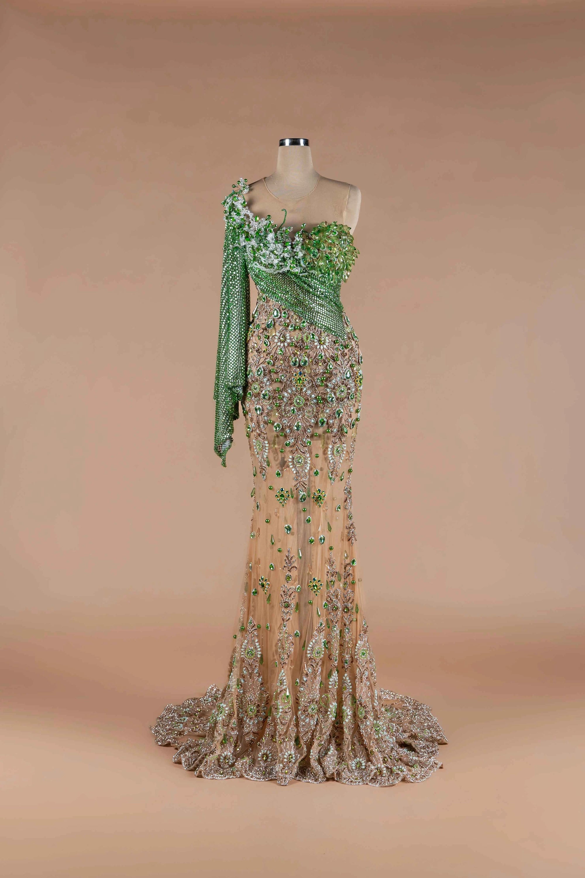 Sihëna Jade Opulence — lime one-shoulder long-sleeve mermaid evening dress