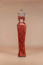 Sihëna Copper Serenade — copper sweetheart spaghetti-strap velvet column gown with crystal-beaded lace appliqué and midriff cutout.