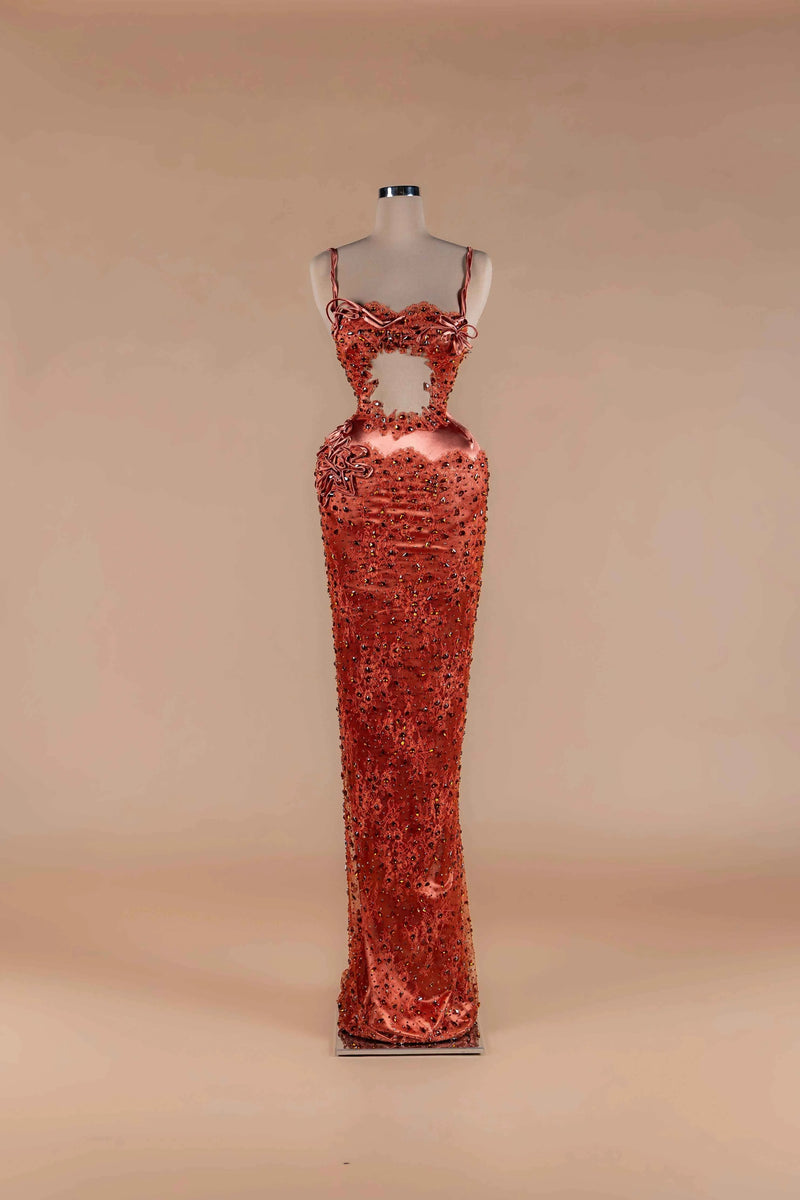 Sihëna Copper Serenade — copper sweetheart spaghetti-strap velvet column gown with crystal-beaded lace appliqué and midriff cutout.