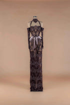 Sihëna Espresso Lace — chocolate strapless off-shoulder lace column gown with beadwork, detached sleeves and velvet sash.