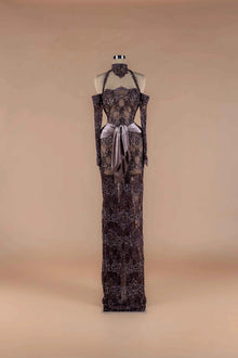 Sihëna Espresso Lace — chocolate strapless off-shoulder lace column gown with beadwork, detached sleeves and velvet sash.