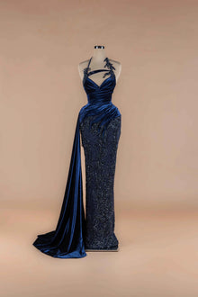 Sihëna Midnight Velvet Muse — navy sweetheart halter velvet mermaid gown with beaded cutout, lace skirt panel and high slit.