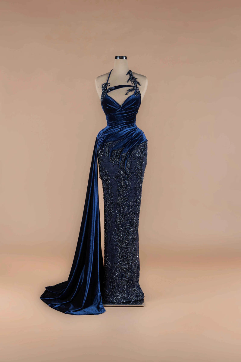 Sihëna Midnight Velvet Muse — navy sweetheart halter velvet mermaid gown with beaded cutout, lace skirt panel and high slit.
