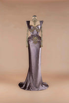 Sihëna Pewter Dynasty — pewter sweetheart long-sleeve velvet mermaid gown with gold crystal beadwork and beaded collar.