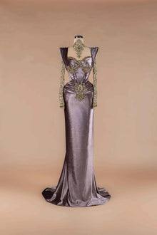 Sihëna Pewter Dynasty — pewter sweetheart long-sleeve velvet mermaid gown with gold crystal beadwork and beaded collar.