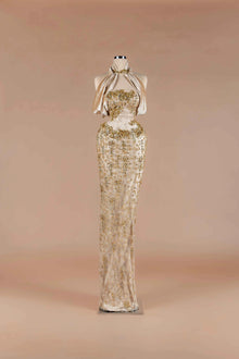 Sihëna Halcyon Shimmer — champagne strapless beaded-lace column gown with draped velvet neck wrap and crystal floral appliqué.