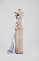 Sihëna Mirrored Pearl Marquee — silver high-neck long-sleeve gown with pearl drapes, mirrored metallic florals and satin overskirt.