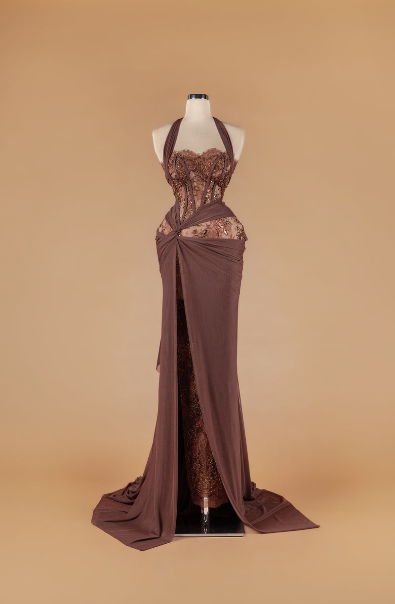 Sihëna Cocoa Veil — mocha halter sleeveless mermaid gown with sheer beaded lace corset, bronze sequins, chiffon drape and high slit.