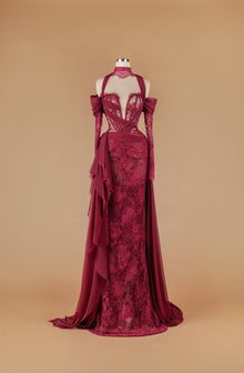 Sihëna Crimson Aria — burgundy off-shoulder sweetheart mermaid gown with sheer beaded lace bodice, choker, chiffon drape and high slit.