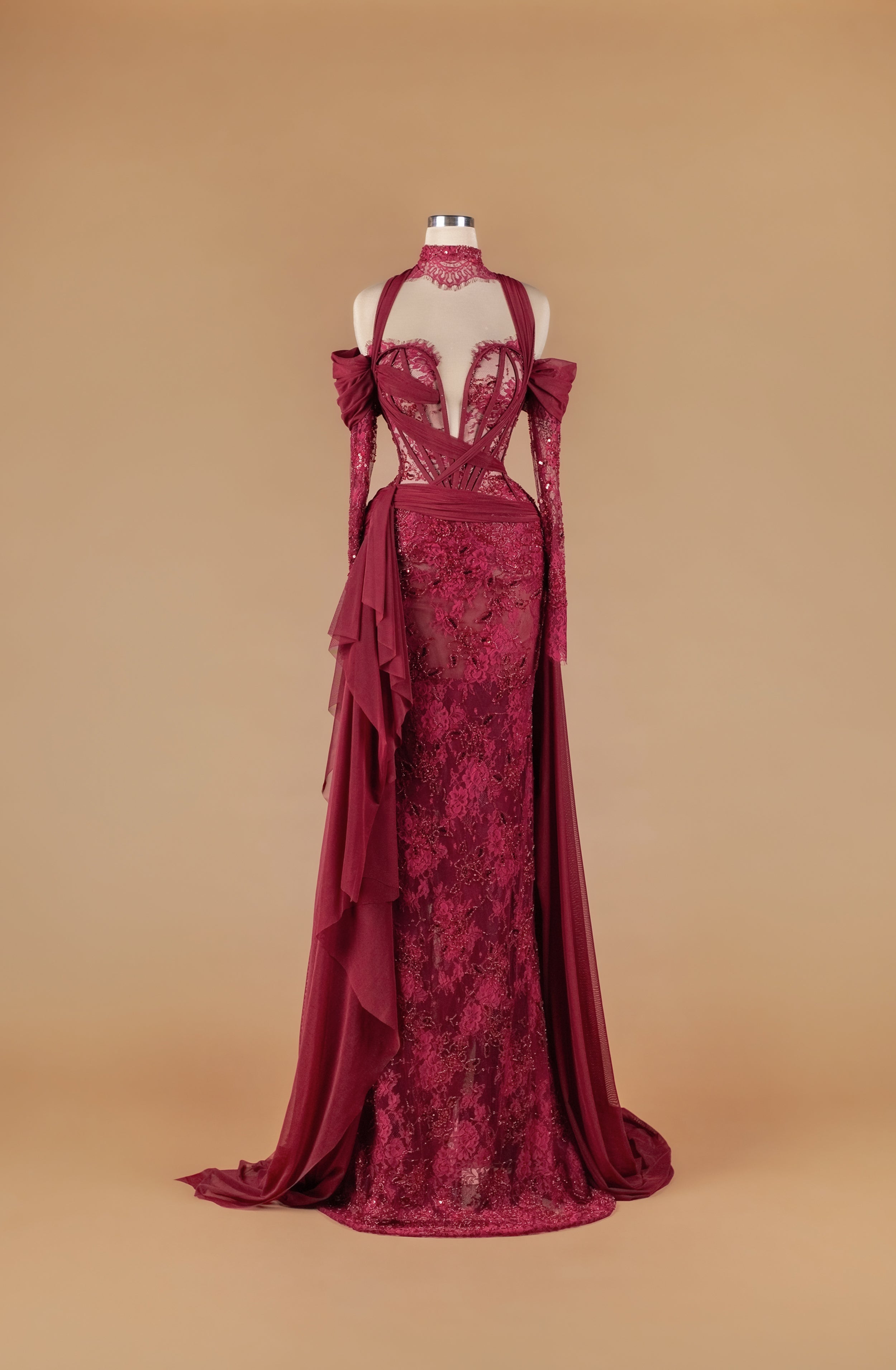 Sihëna Crimson Aria — burgundy off-shoulder sweetheart mermaid gown with sheer beaded lace bodice, choker, chiffon drape and high slit.