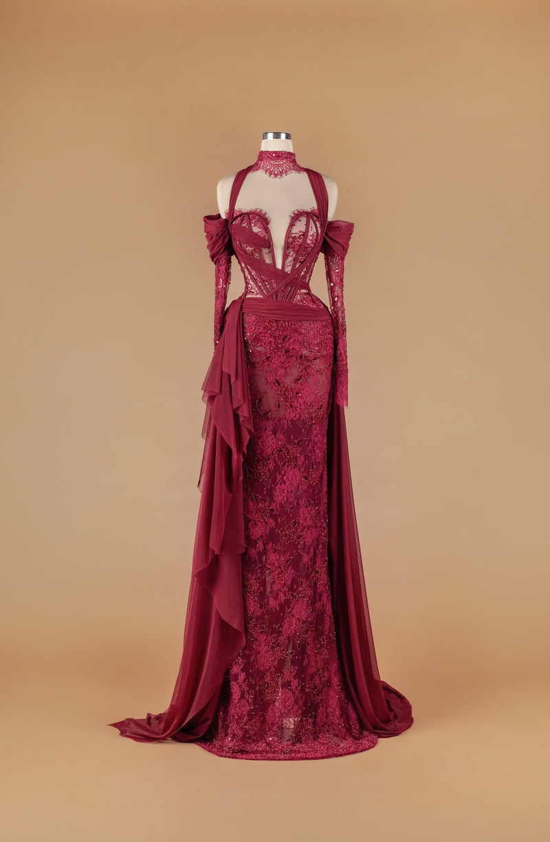 Sihëna Crimson Aria — burgundy off-shoulder sweetheart mermaid gown with sheer beaded lace bodice, choker, chiffon drape and high slit.