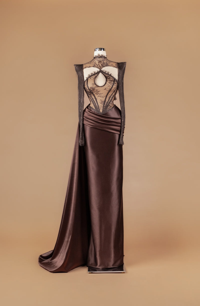 Sihëna Mocha Shadow — chocolate high-neck long-sleeve column gown with floral lace illusion bodice, teardrop cutout and draped satin sash train.