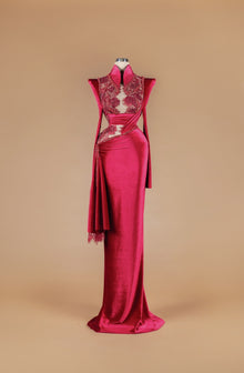Sihëna Rose Dynasty — fuchsia high-neck stand-collar velvet column gown with lace illusion chest panel, beaded edges and draped velvet sash train.