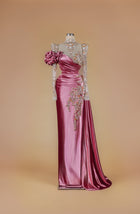 Sihëna Damask Rose Cascade — dusty-rose high-neck long-sleeve column gown with crystal-beaded sheer bodice, satin drape, 3D rosette and sash train.