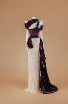 Sihëna Amaranth Pearl Opus — burgundy high-neck long-sleeve mermaid gown with velvet corset, pearl and crystal beadwork and draped velvet sash train.