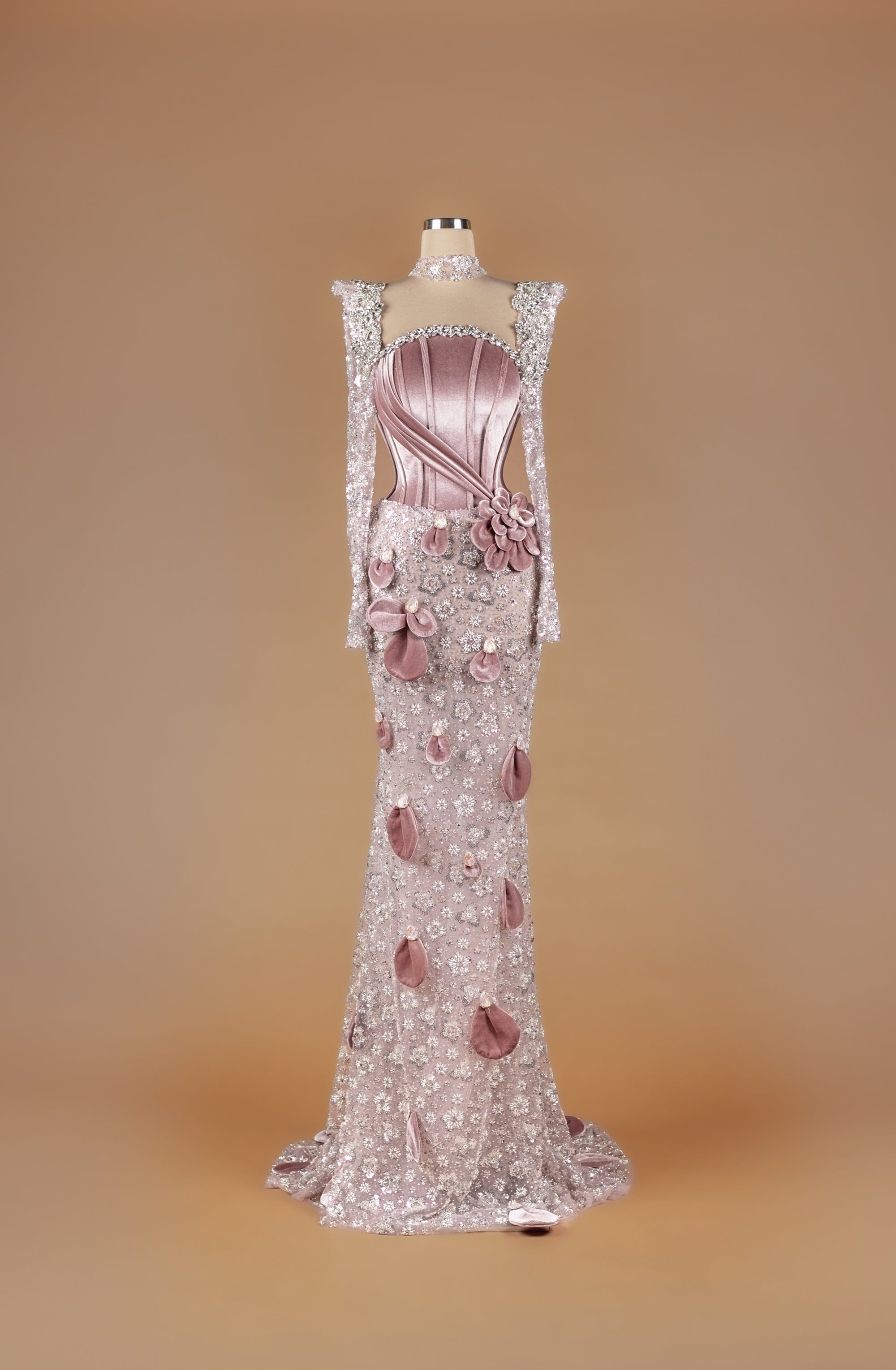 Sihëna Blush Petal Tapestry — dusty-rose high-neck long-sleeve mermaid gown with velvet corset, crystal beadwork, 3D petals and beaded lace skirt.
