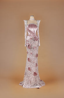Sihëna Blush Petal Tapestry — dusty-rose high-neck long-sleeve mermaid gown with velvet corset, crystal beadwork, 3D petals and beaded lace skirt.