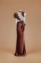 Sihëna Cocoa Rosette Sovereign — chocolate high-neck long-sleeve mermaid gown with crystal-beaded sheer bodice, velvet ruffles and 3D floral rosette.
