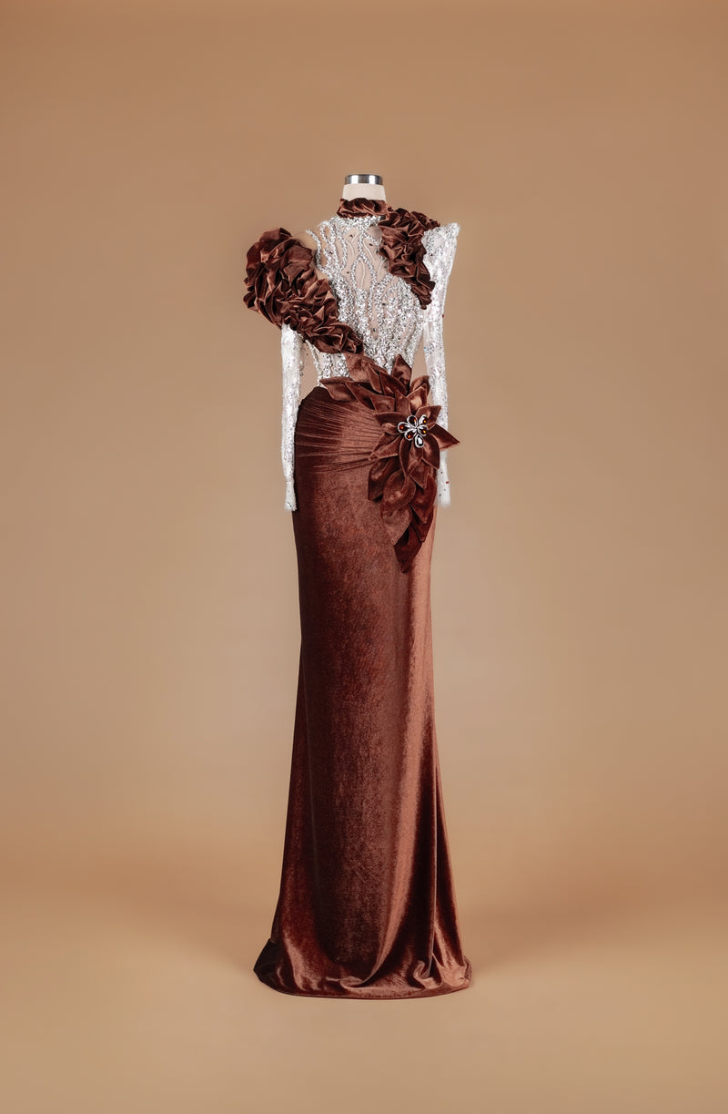 Sihëna Cocoa Rosette Sovereign — chocolate high-neck long-sleeve mermaid gown with crystal-beaded sheer bodice, velvet ruffles and 3D floral rosette.