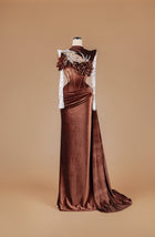 Sihëna Bronze Petal Crown — chocolate high-neck long-sleeve velvet mermaid gown with amber and clear crystal beadwork, 3D floral and draped sash train.