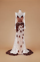 Sihëna Cacao Laurel Cascade — chocolate high-neck long-sleeve mermaid gown with velvet corset, crystal-beaded sheer bodice and ivory sequin skirt.
