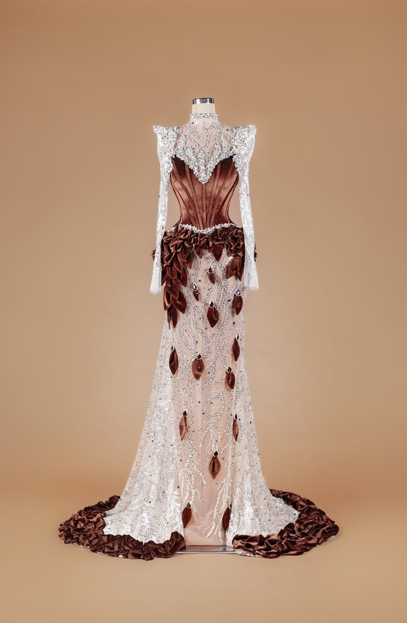 Sihëna Cacao Laurel Cascade — chocolate high-neck long-sleeve mermaid gown with velvet corset, crystal-beaded sheer bodice and ivory sequin skirt.