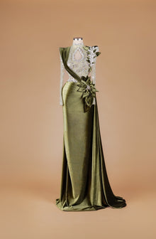 Sihëna Olive Crest Reverence — olive-green high-neck long-sleeve velvet mermaid gown with teardrop keyhole, crystal beadwork and 3D floral sash train.