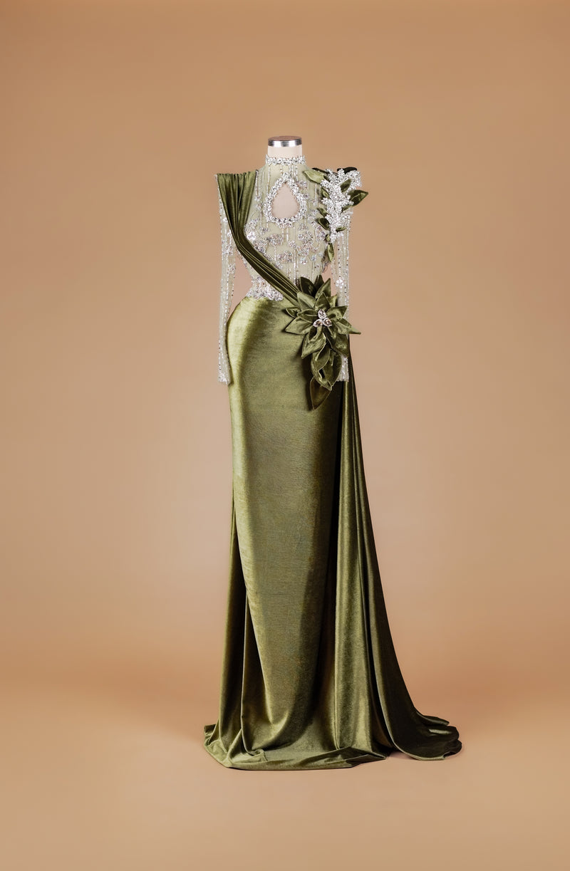 Sihëna Olive Crest Reverence — olive-green high-neck long-sleeve velvet mermaid gown with teardrop keyhole, crystal beadwork and 3D floral sash train.