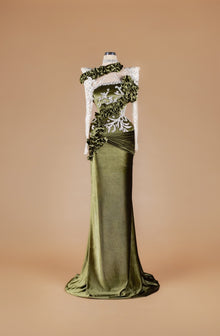 Sihëna Mossed Velvet Rhapsody — olive-green high-neck long-sleeve velvet mermaid gown with silver crystal appliqué, ruffled trim and draped train.