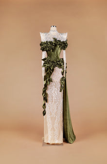 Sihëna Verdant Laurel Tapestry — olive-green high-neck long-sleeve mermaid gown with velvet corset, ruffled leaf detail and sheer ivory sequin skirt.