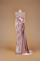 Sihëna Petal Script Sonata — dusty-rose high-neck long-sleeve mermaid gown with 3D floral velvet appliqué, crystal beadwork and draped velvet sash train.