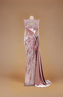 Sihëna Petal Script Sonata — dusty-rose high-neck long-sleeve mermaid gown with 3D floral velvet appliqué, crystal beadwork and draped velvet sash train.