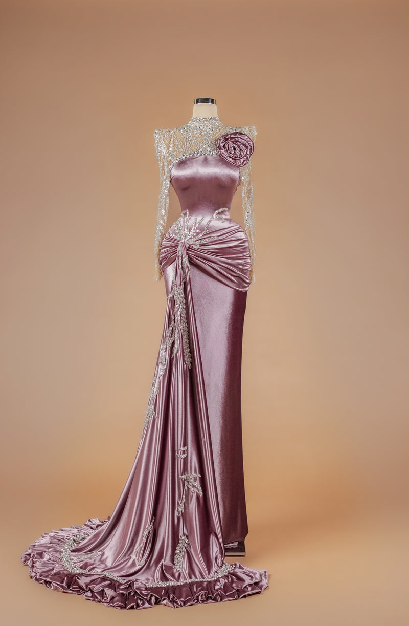 Sihëna Roselight Reverence — mauve high-neck long-sleeve satin column gown with crystal-beaded illusion sleeves, 3D rose and ruffled-hem train.
