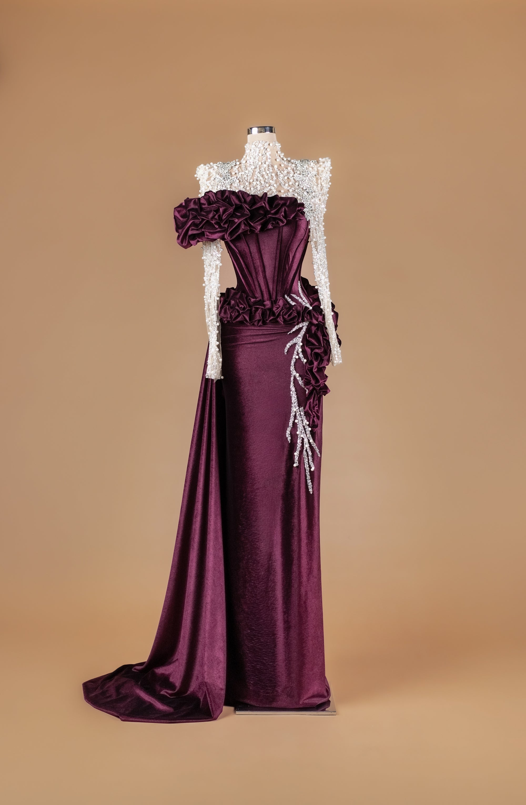 Sihëna Imperial Plum Sonata — burgundy high-neck long-sleeve corset column gown with pearl beaded illusion yoke, ruffles and crystal branch beadwork.