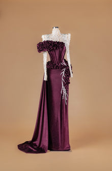 Sihëna Imperial Plum Sonata — burgundy high-neck long-sleeve corset column gown with pearl beaded illusion yoke, ruffles and crystal branch beadwork.