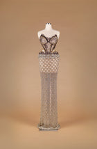 Sihëna Antique Ember Lattice — chocolate strapless lace corset with gold crystal beading and a beaded lattice net skirt.