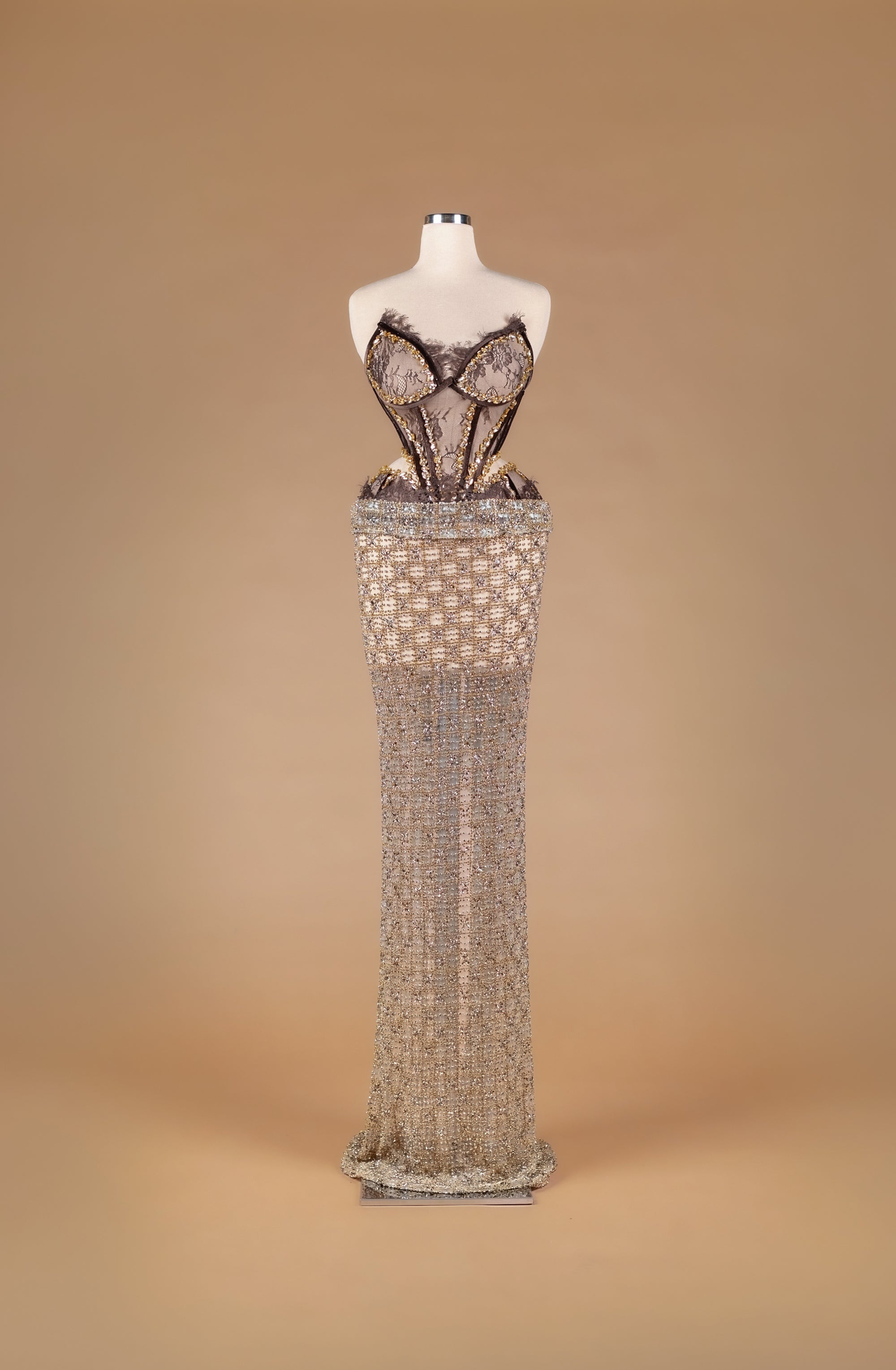 Sihëna Antique Ember Lattice — chocolate strapless lace corset with gold crystal beading and a beaded lattice net skirt.
