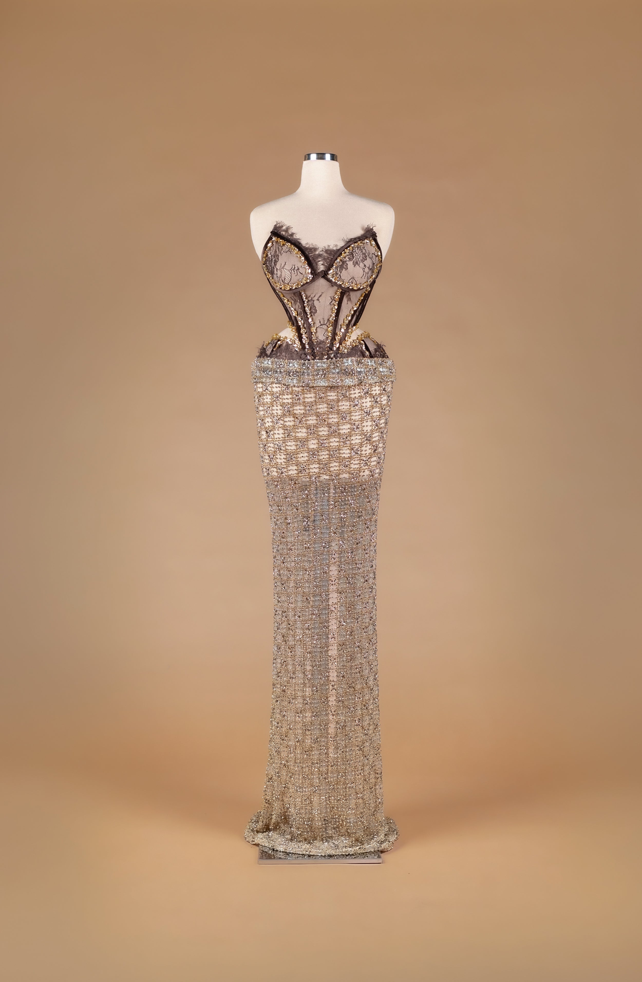 Sihëna Antique Ember Lattice — chocolate strapless lace corset with gold crystal beading and a beaded lattice net skirt.