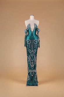 Sihëna Emerald Relic Radiance — emerald deep-v halter column gown with detached beaded sleeves and silver crystal scrollwork over emerald satin.