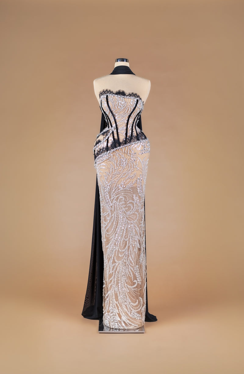 Sihëna Noir Lace Mirage — black strapless sheer corset column gown with silver crystal beadwork over nude illusion and black lace trim.