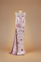 Sihëna Blush Petal Symphony — blush high-neck long-sleeve velvet column gown with structured petal bodice, 3D velvet petals and crystal beadwork.