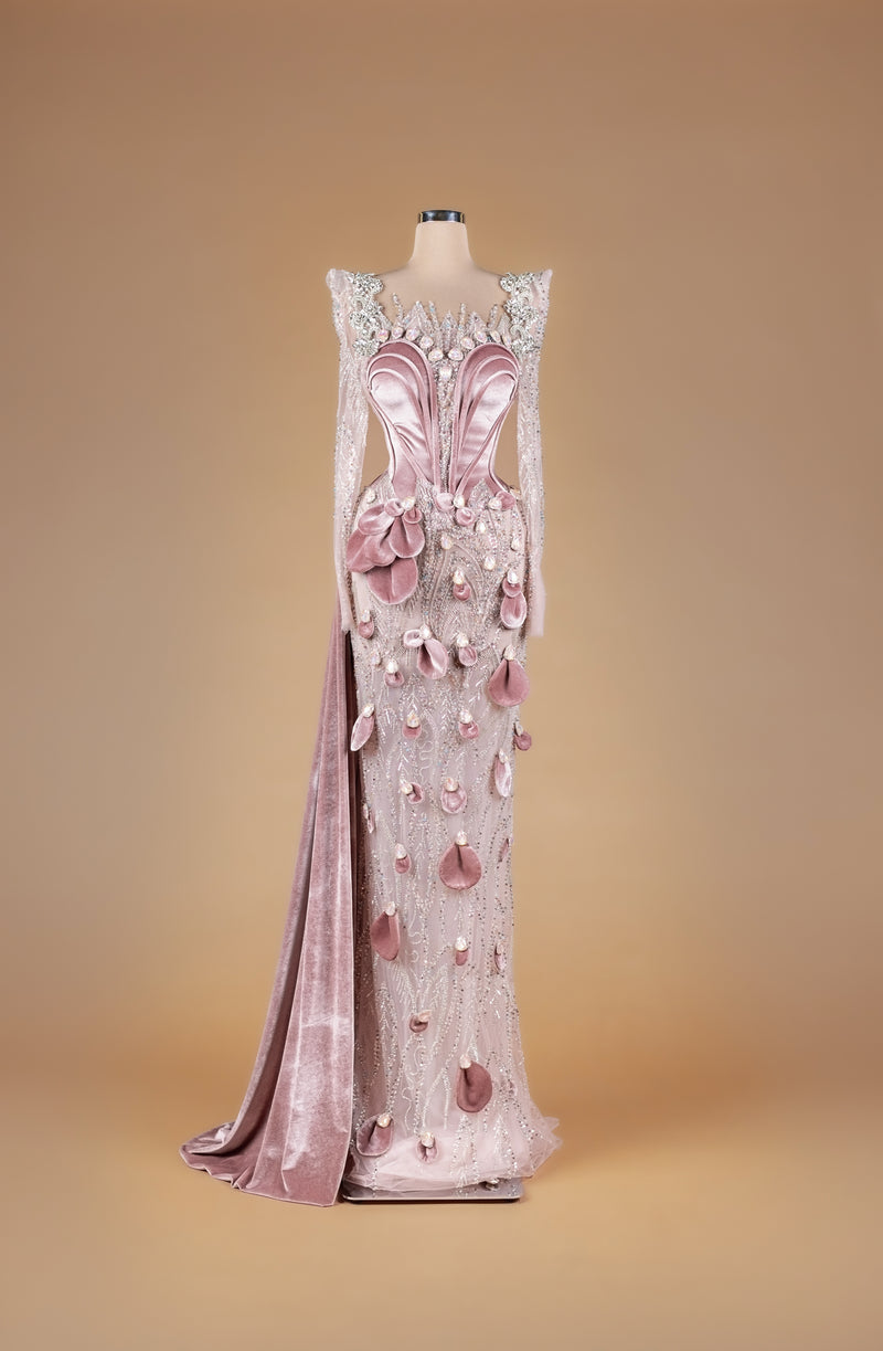 Sihëna Blush Petal Symphony — blush high-neck long-sleeve velvet column gown with structured petal bodice, 3D velvet petals and crystal beadwork.