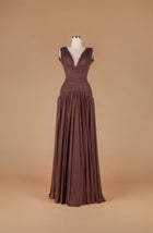 Sihëna Cocoa Drape Serenity — chocolate deep-v sleeveless ruched chiffon a-line gown with full draped skirt.