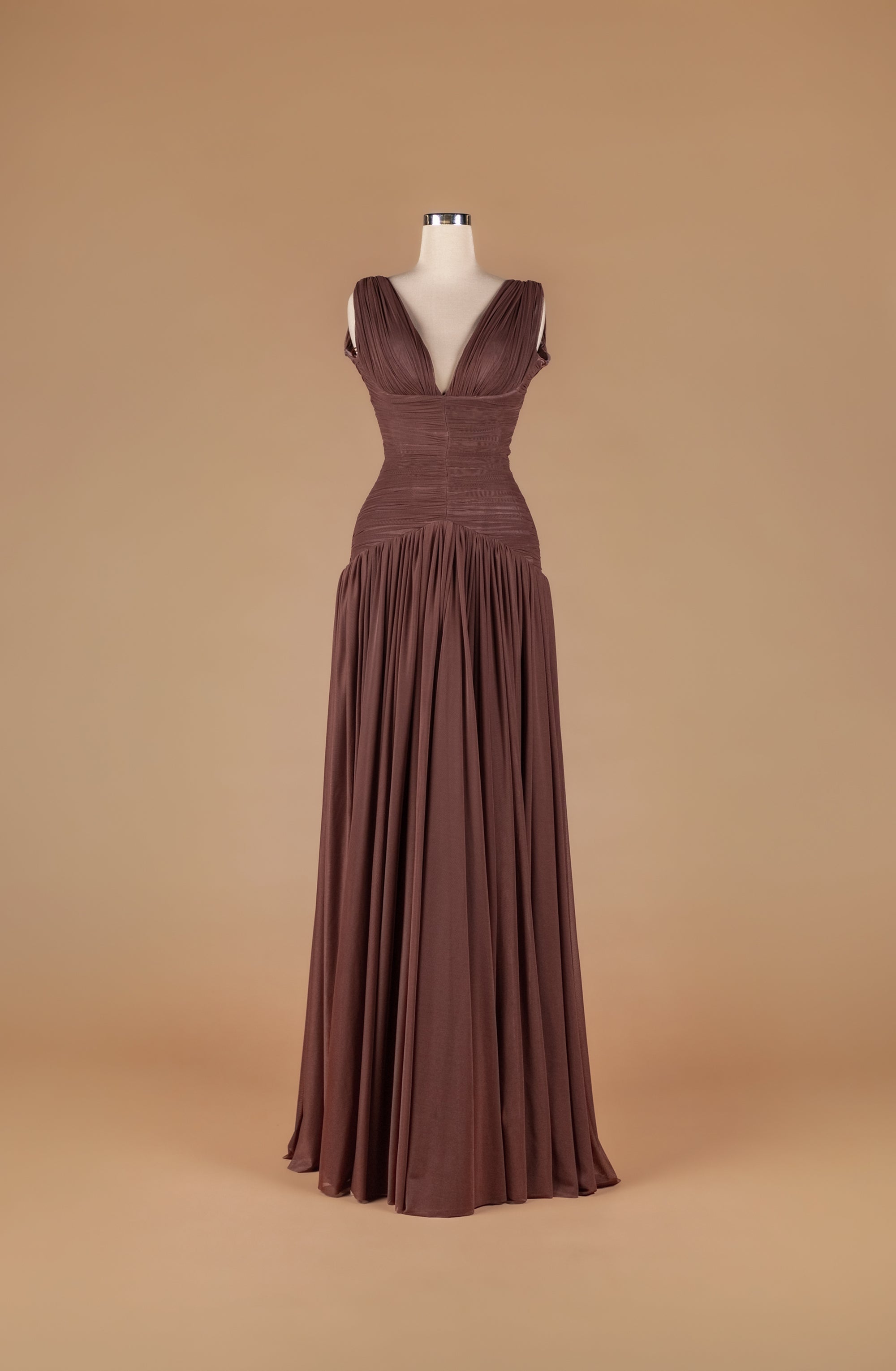 Sihëna Cocoa Drape Serenity — chocolate deep-v sleeveless ruched chiffon a-line gown with full draped skirt.