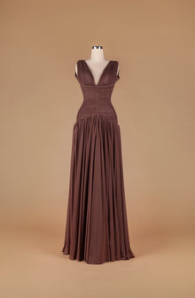 Sihëna Cocoa Drape Serenity — chocolate deep-v sleeveless ruched chiffon a-line gown with full draped skirt.