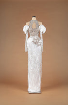 Sihëna Sunlit Harmony — ivory high-neck halter off-shoulder pearl and crystal beaded column gown with keyhole cutout and 3D floral waist appliqué.