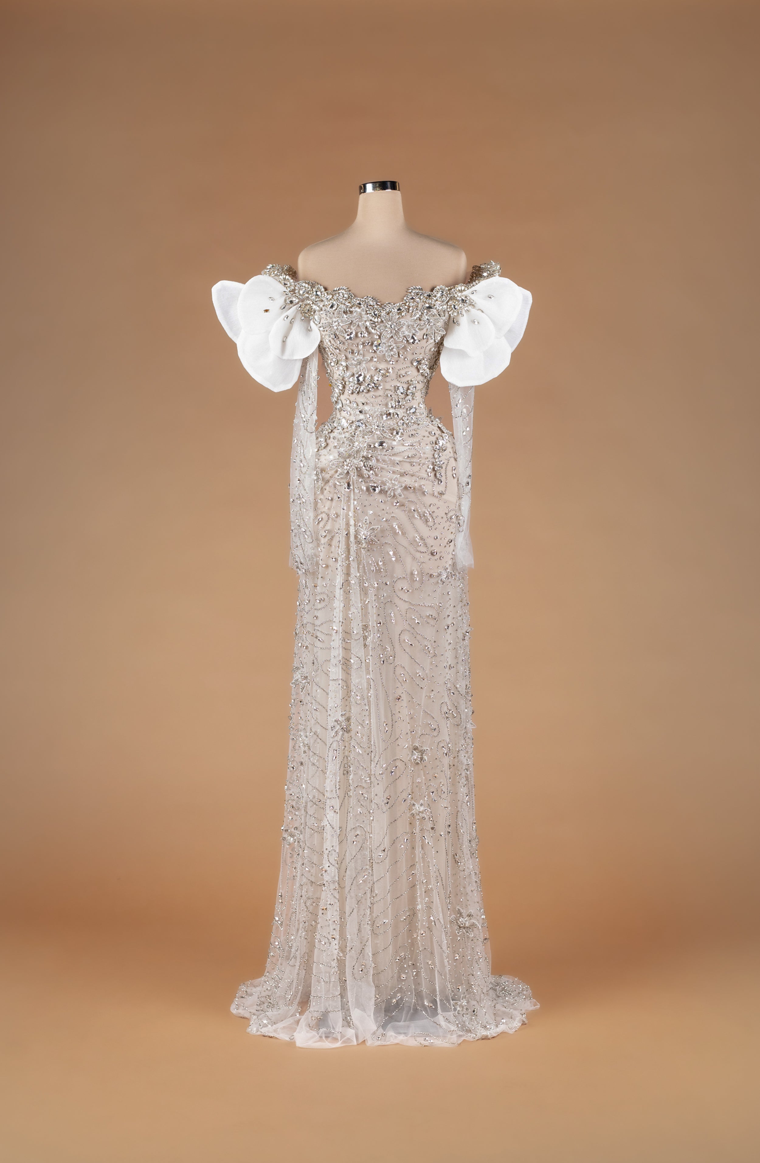 Sihëna Nocturne Veil Drapery — ivory off-shoulder sweetheart gown with crystal floral beadwork and white organza petal sleeves.