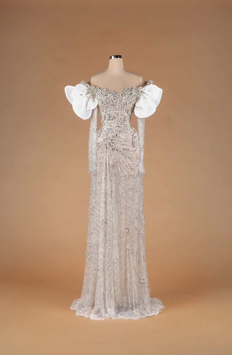 Sihëna Nocturne Veil Drapery — ivory off-shoulder sweetheart gown with crystal floral beadwork and white organza petal sleeves.