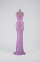 Sihëna Starlit Lilac Current — lilac halter sequin column gown with a waist cutout and draped sash.